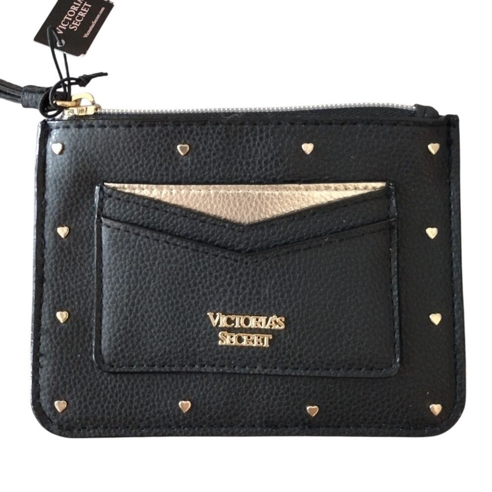 Victoria's Secret NEW Black Gold Leather Heart Studs Pouch Wallet ID/Card Holder